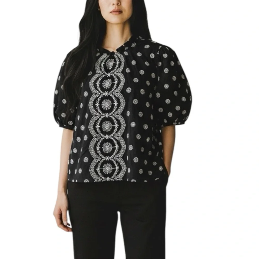 Loft Black and White Embroidered Eyelet Puff Sleeve High Neck Boho Top Size L